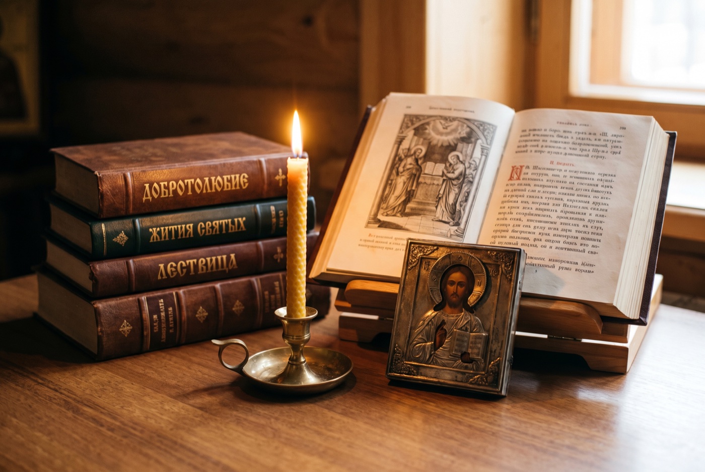 Православные книги в тёплом свете лампады
