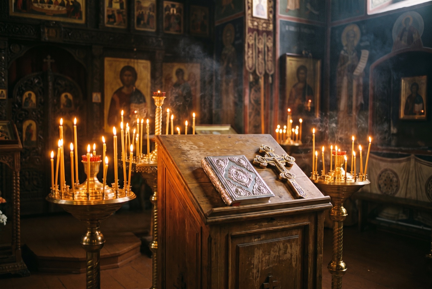 Свечи горят у иконы в православном храме