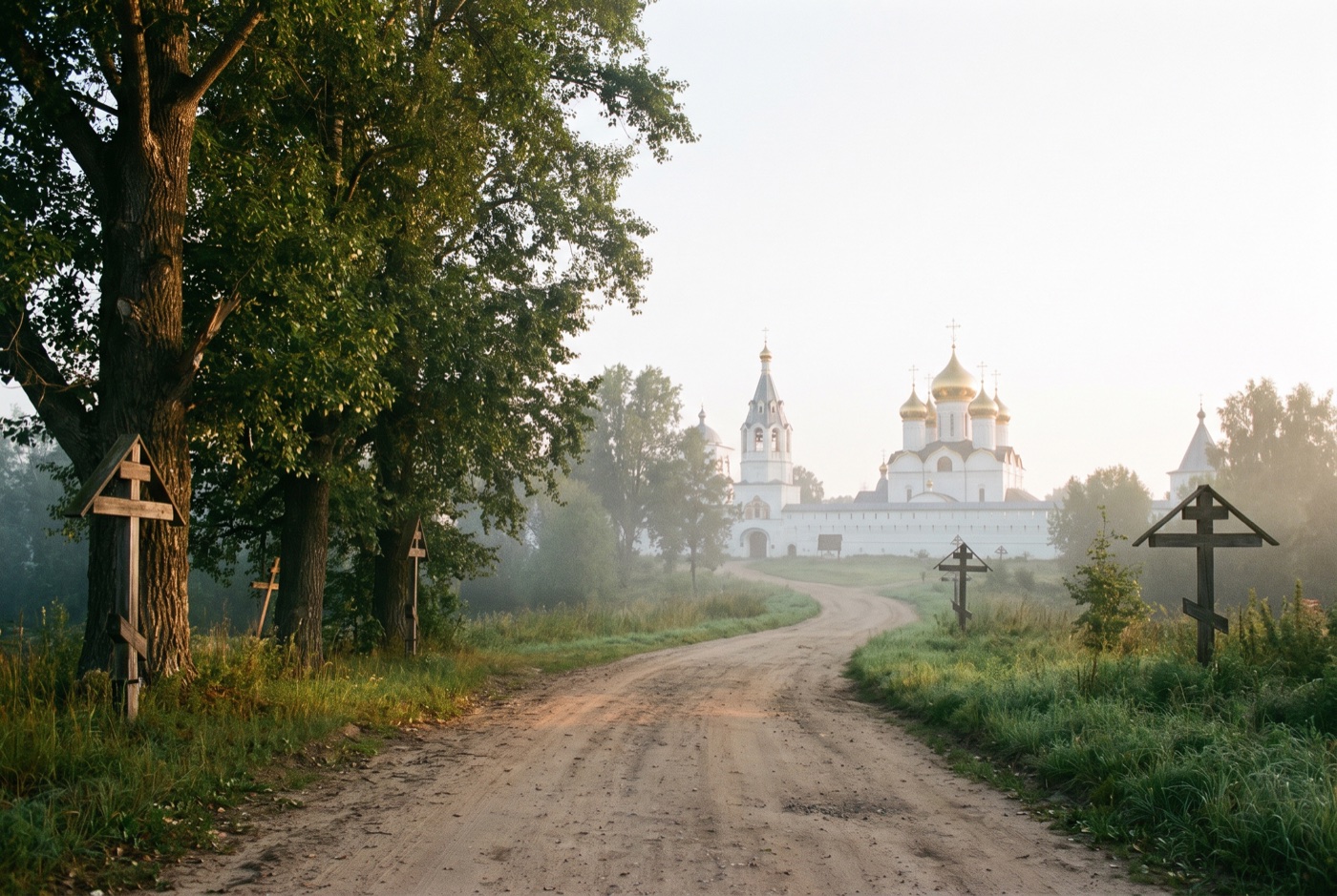 Паломники у стен старинного монастыря в солнечный день