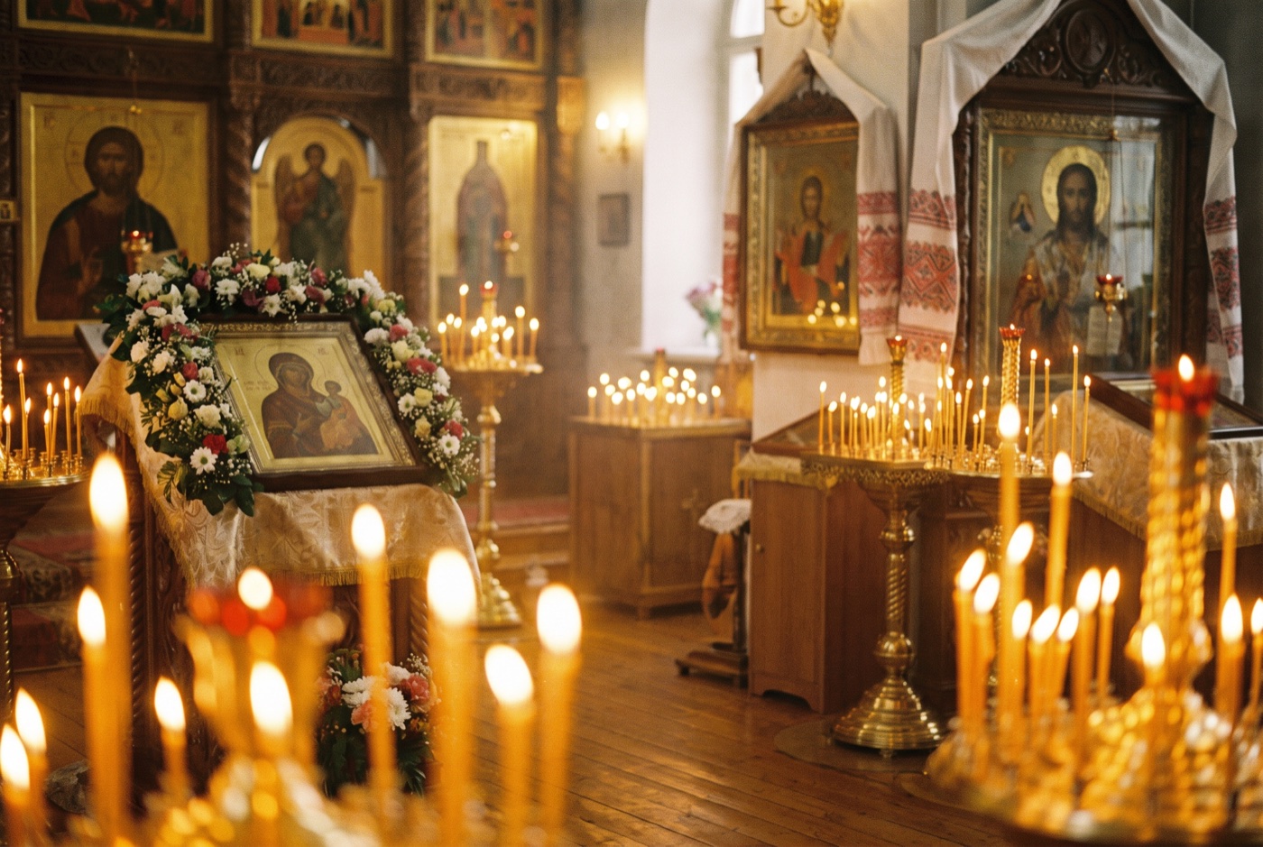 Свет через окно православного храма, свечи на подсвечнике