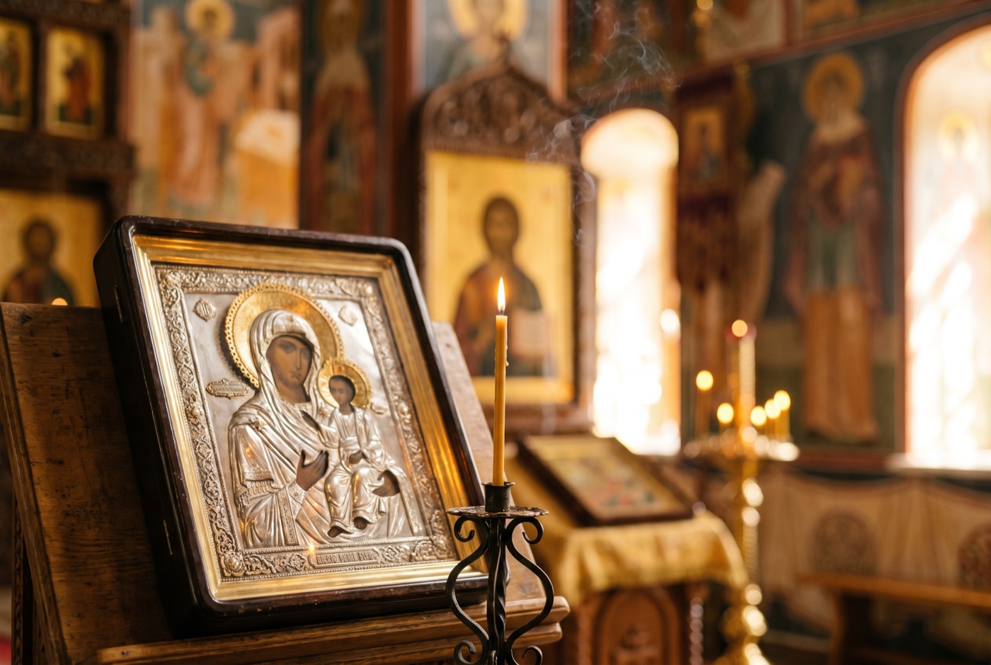 Икона святого и горящая свеча — день именин в православии