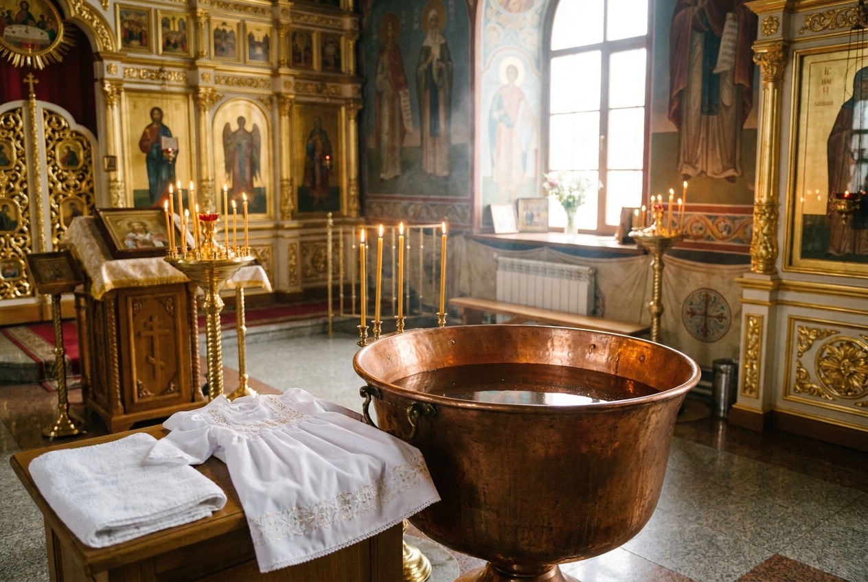 Купель для Крещения и крестильная рубашка в православном храме