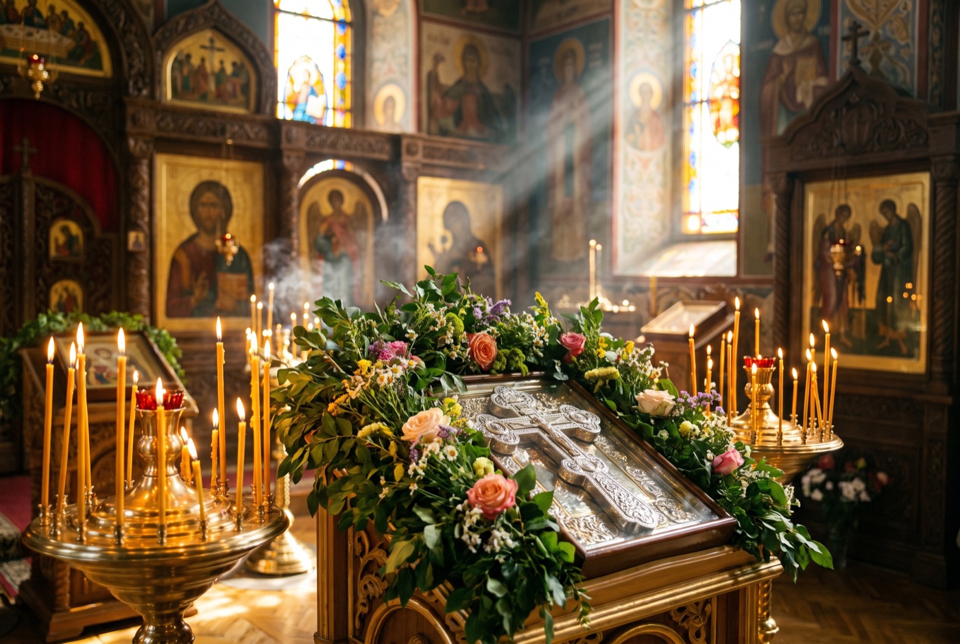 Православный крест с живыми цветами в свете свечей